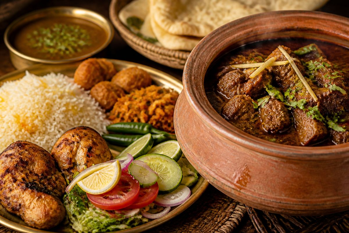 A family spread of karahi, biryani and grilled chicken at Luqma Restaurant
